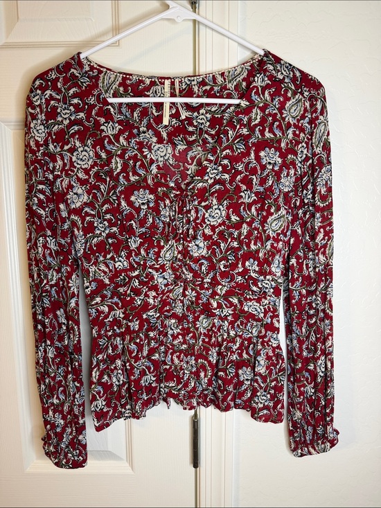 Anthropologie Tops - Anthropologie Burgundy Floral Long-Sleeve Peasant Top